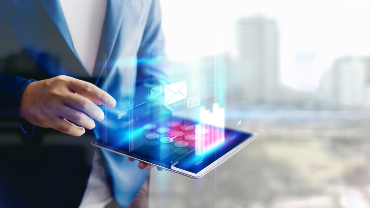 reflection businessman using tablet analyzing data economic growth graph chart copy space concept tablet with hologram reflection businessman using tablet analyzing data economic growth graph chart copy space concept tablet with hologram