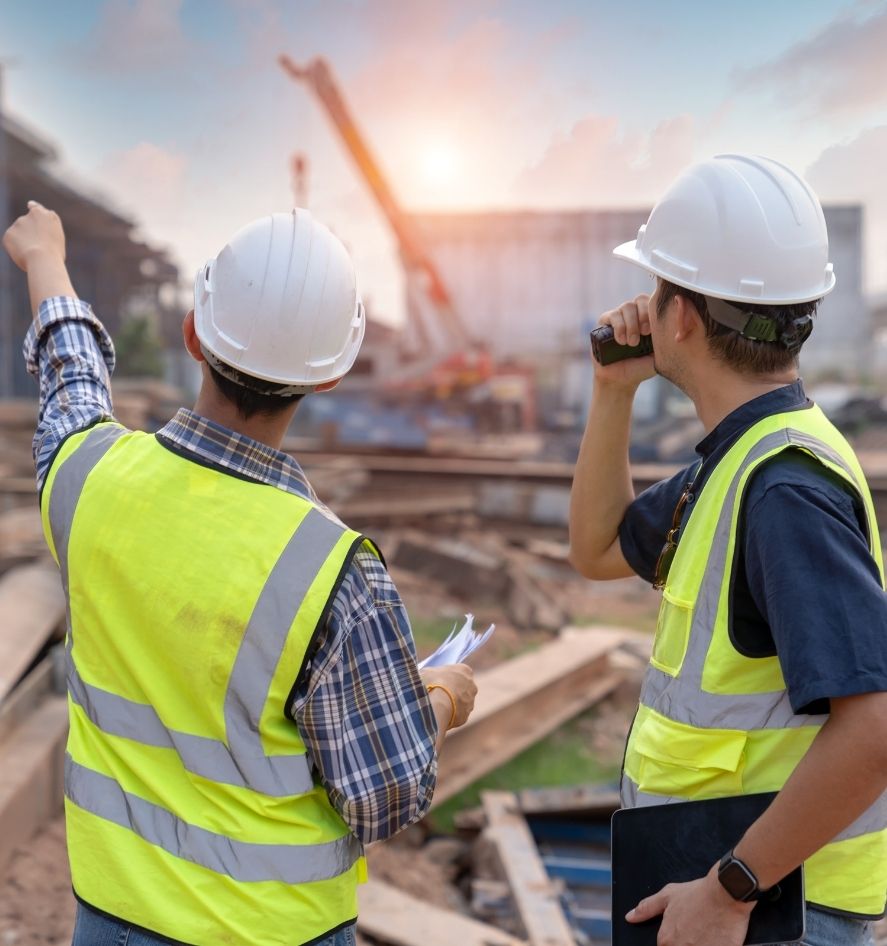 Zwei Mitarbeitende mit Schutzhelmen und Warnwesten auf einer Baustelle als Symbol für Sicherheitsbewusstsein, Zusammenarbeit und strukturierte Prozesse im Unternehmensalltag